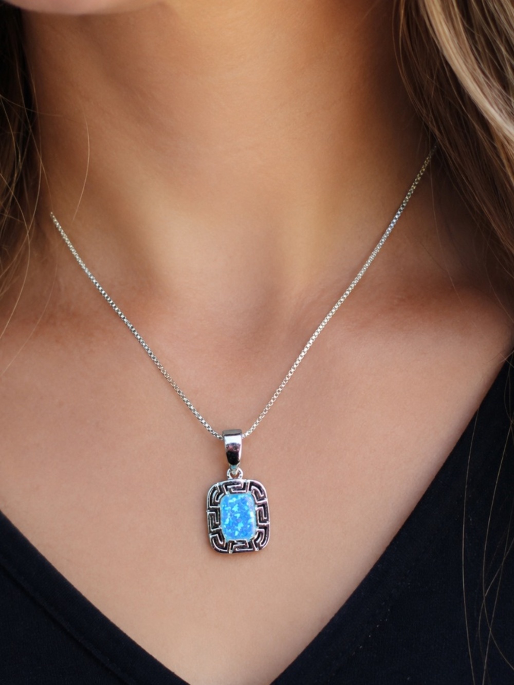 New Greek Key Design Blue Opal Pendant Sterling Silver 925 , October Birthstone